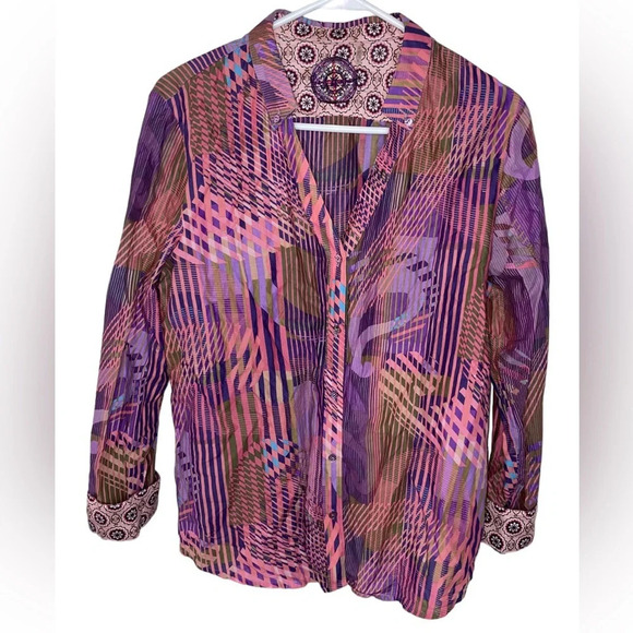 ROBERT GRAHAM Abstract Striped Button Up Shirt Women’s Size Large Purple Pink - Picture 13 of 13